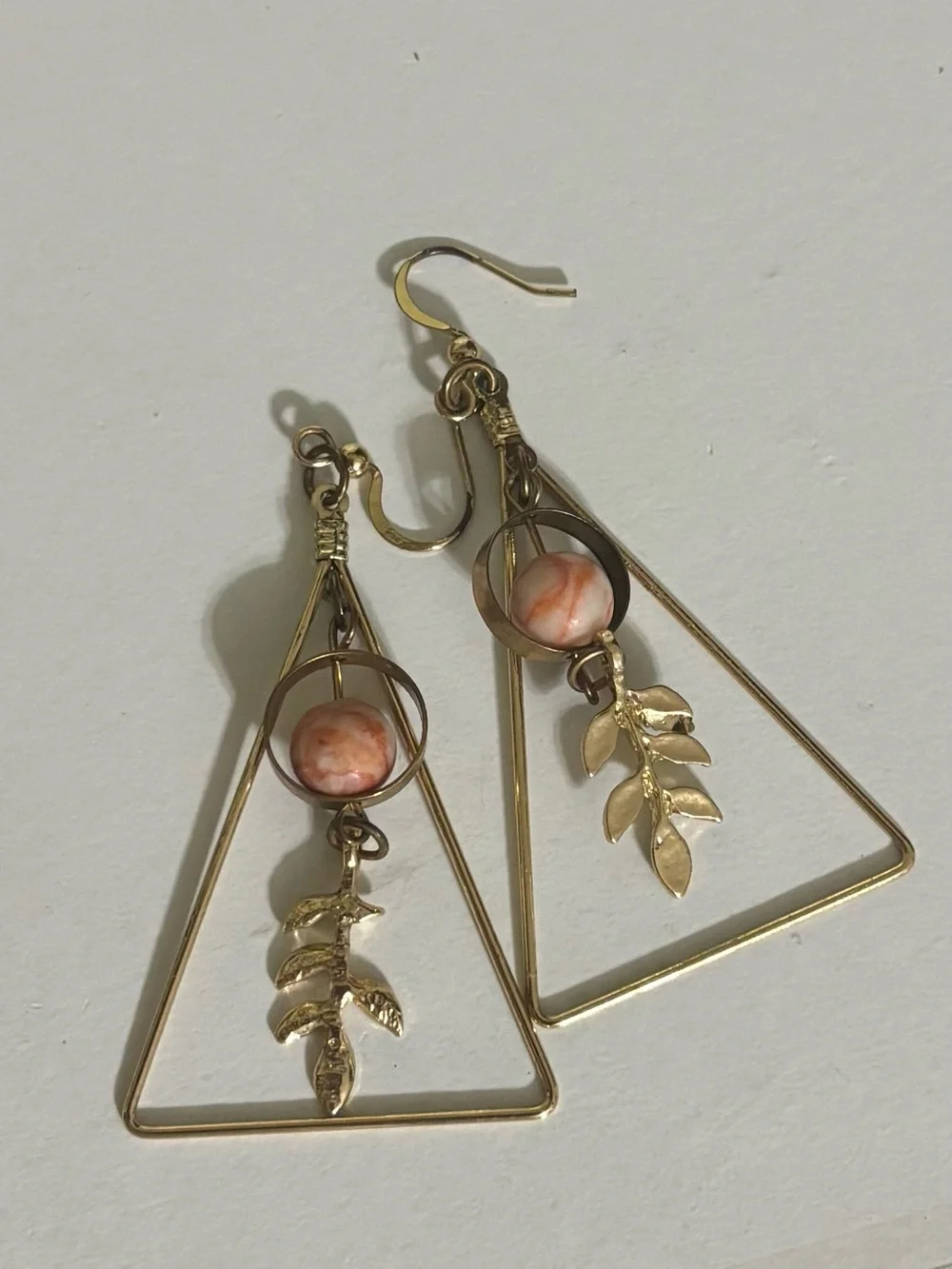 Gold Leaf Triangle Drop Earrings with Peach Marble Bead